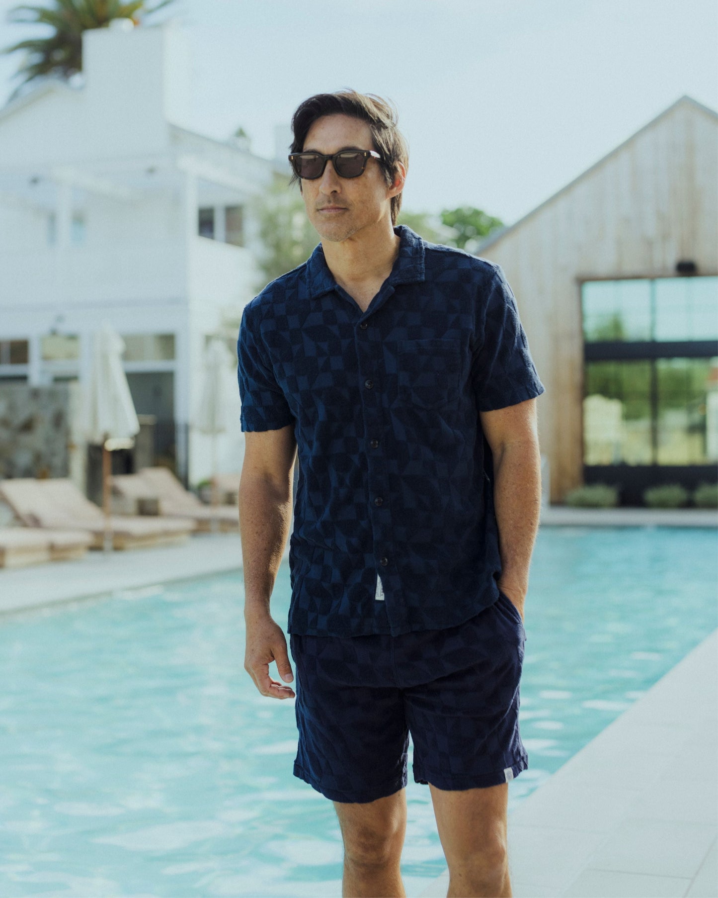 Lalo Terry Jacquard Camp Shirt - Navy
