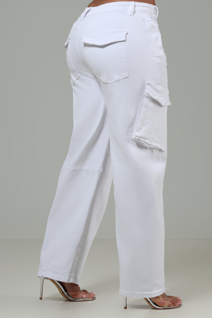 Get It Done High Rise Cargo Barrel Jeans - White