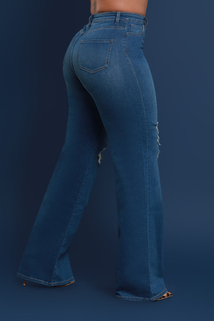 Just Kidding High Rise Distressed Wide Leg Jeans - Med Wash