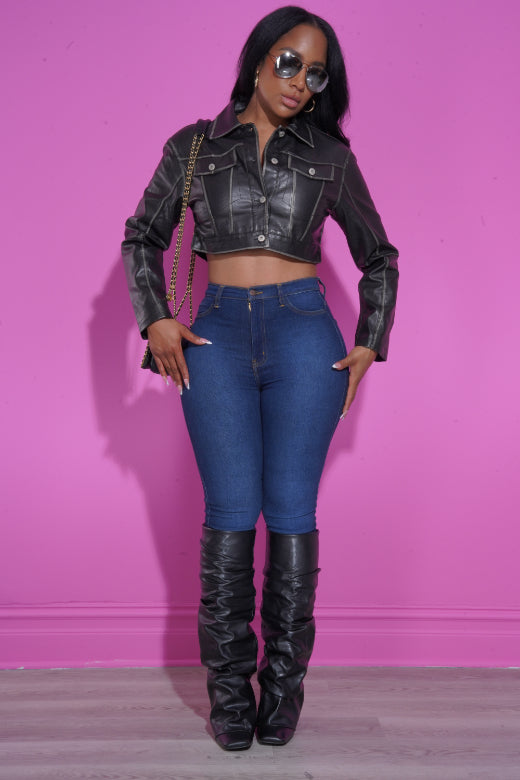 Rough Rider Western Cropped Faux Leather Jacket - Black
