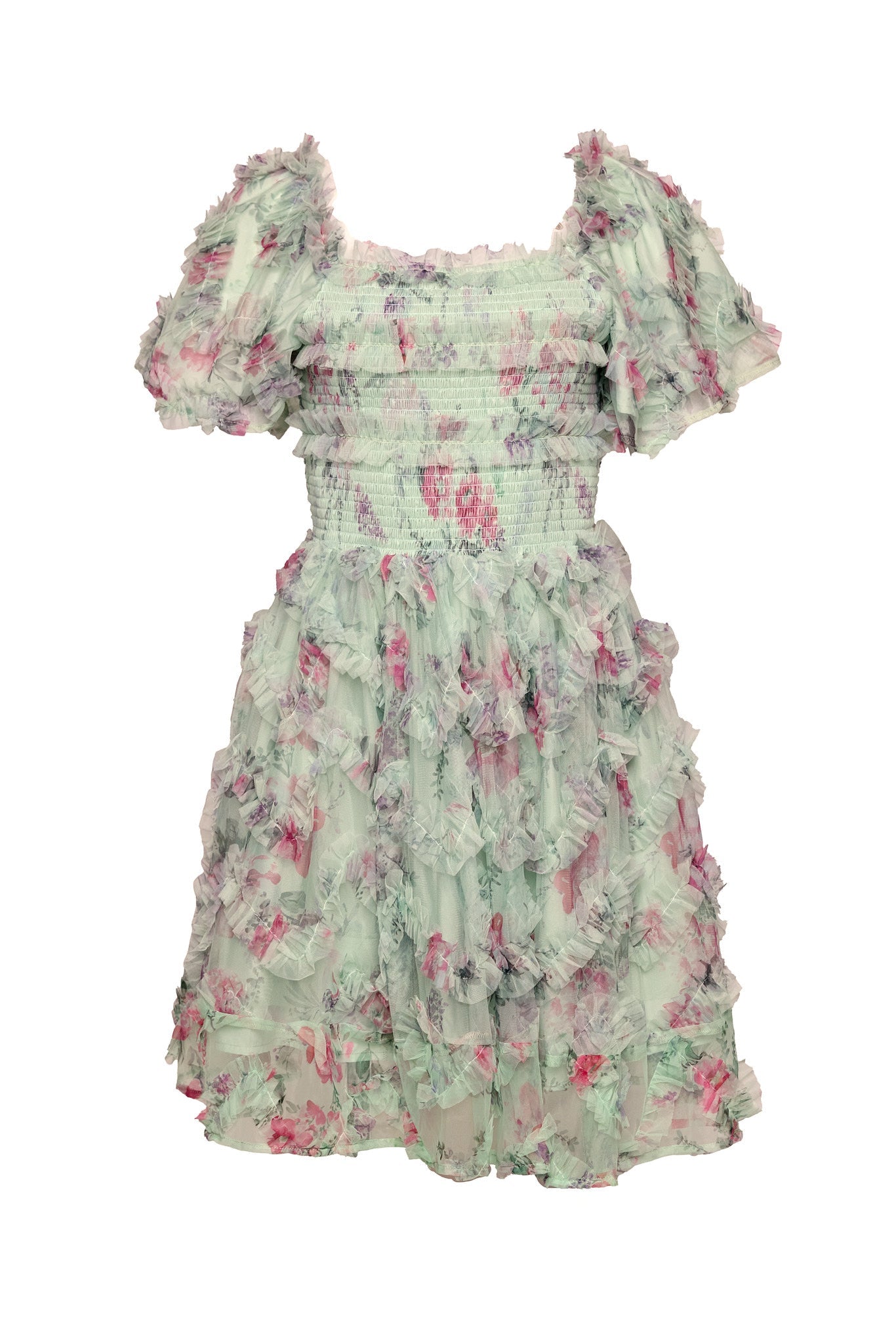 Florentina Short Dress in Pistachio Aquarelle Fleur