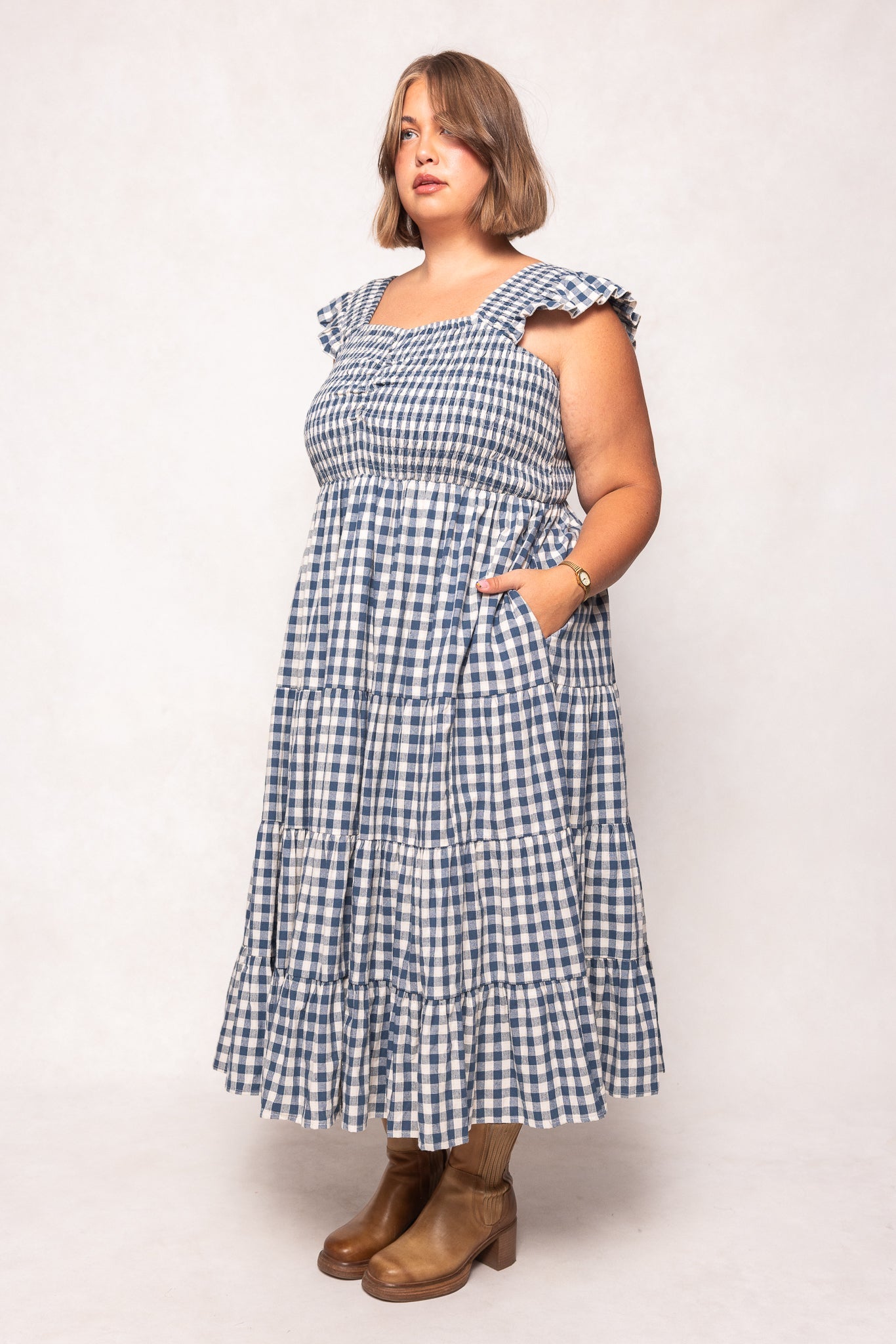 Hailey Dress in Indigo Gingham