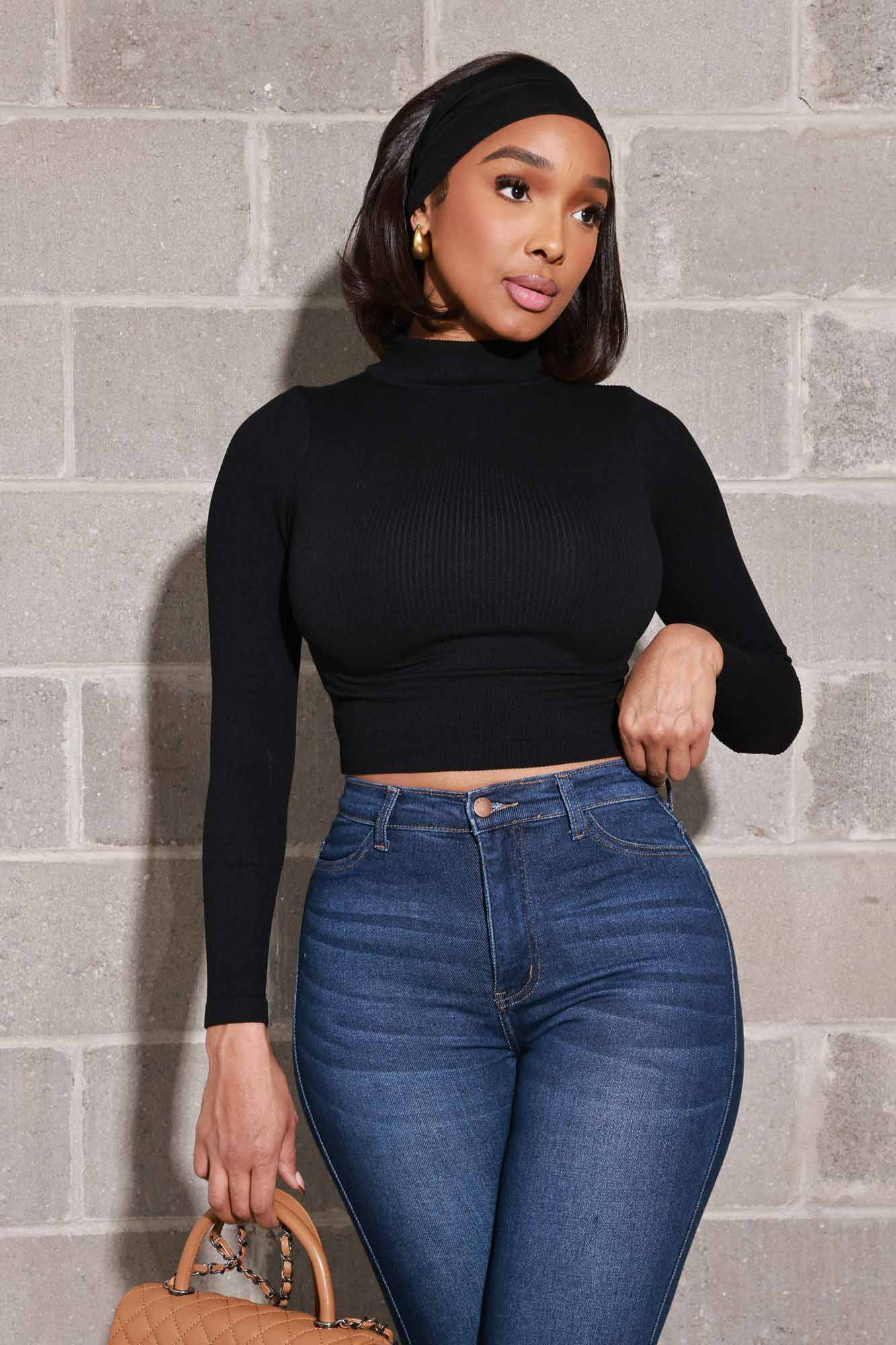 Wind It Up Cellulite Deleter Turtleneck Cropped Top - Black