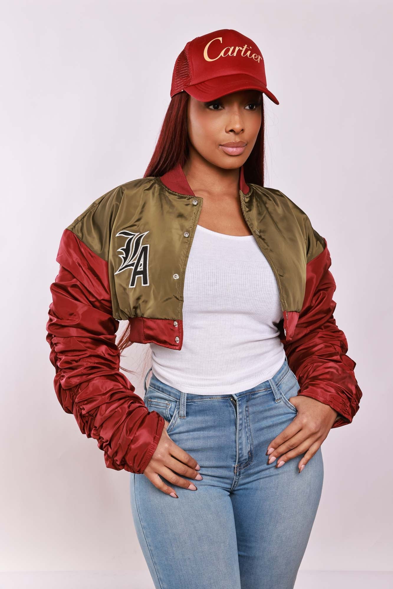 She Won Cropped Bomber Jacket - Olive/Burgundy