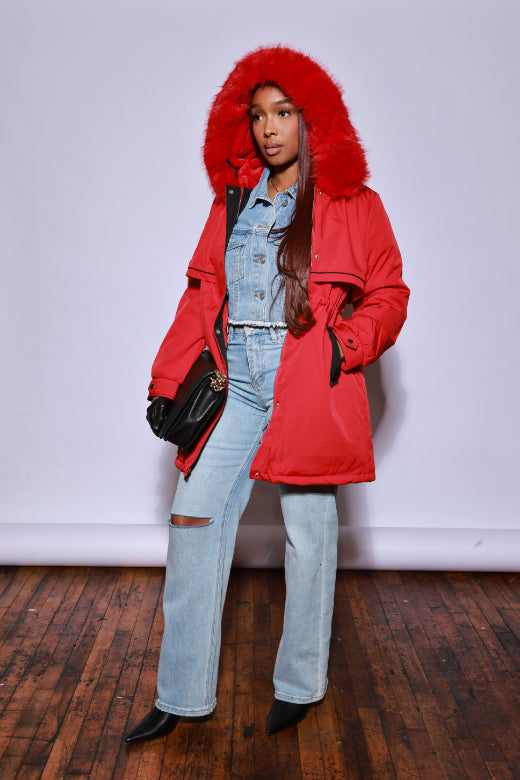 Good Grace Parka Puffer Coat - Red/Black