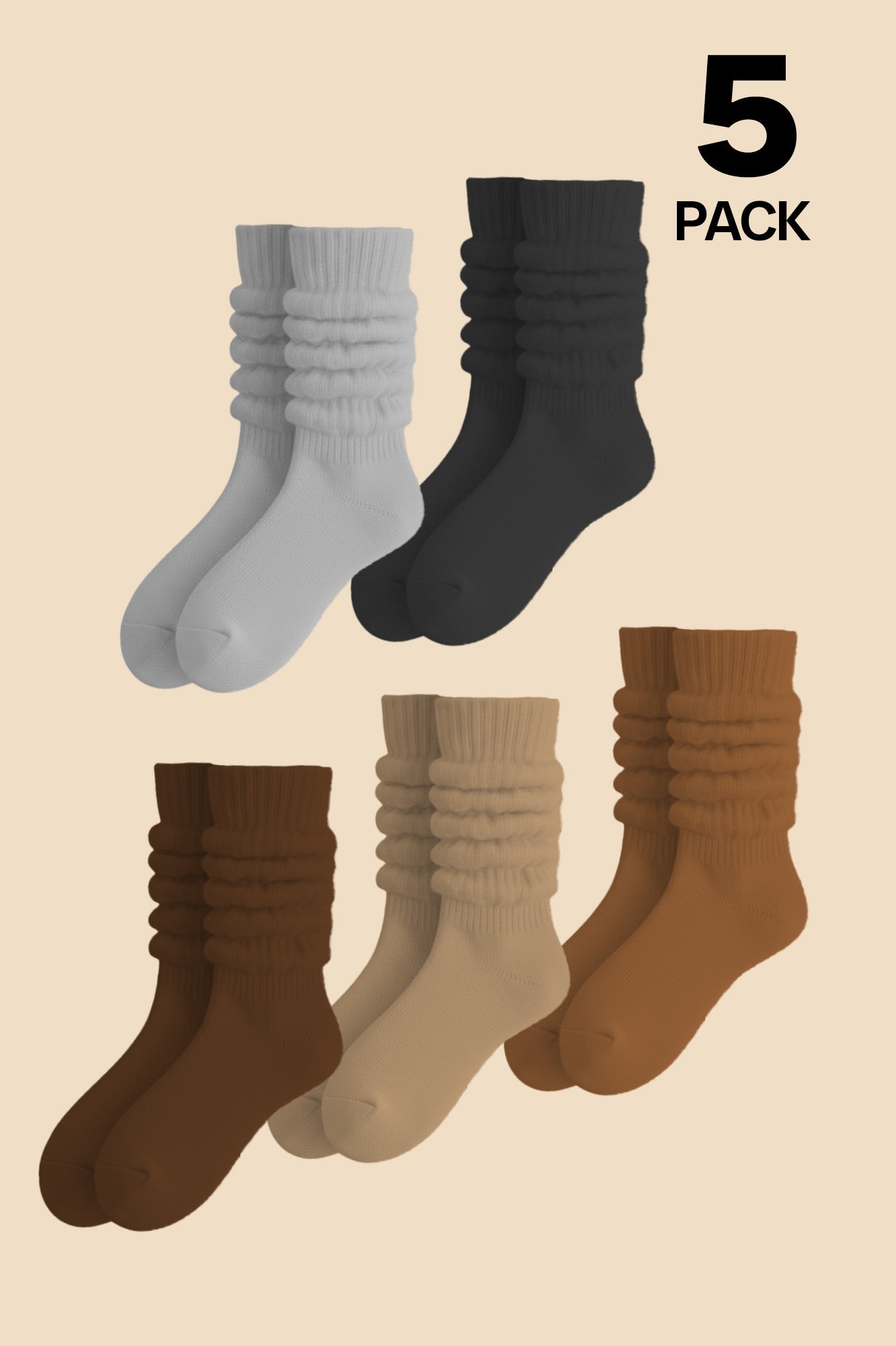 5 Pack Slouchy Socks Bundle - Tan/Mocha/Brown/Heather Grey/Dark Grey