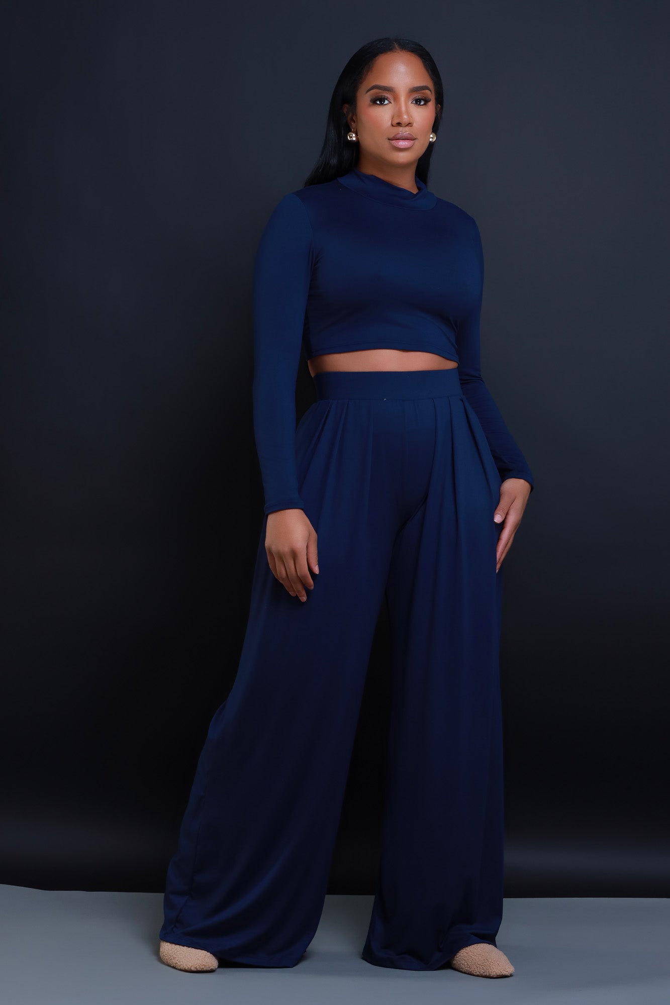 Be Serious Long Sleeve Cropped Palazzo Pants Set - Navy