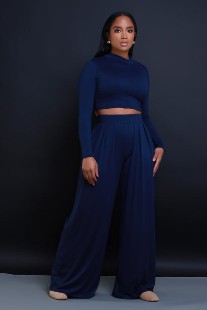 Be Serious Long Sleeve Cropped Palazzo Pants Set - Navy