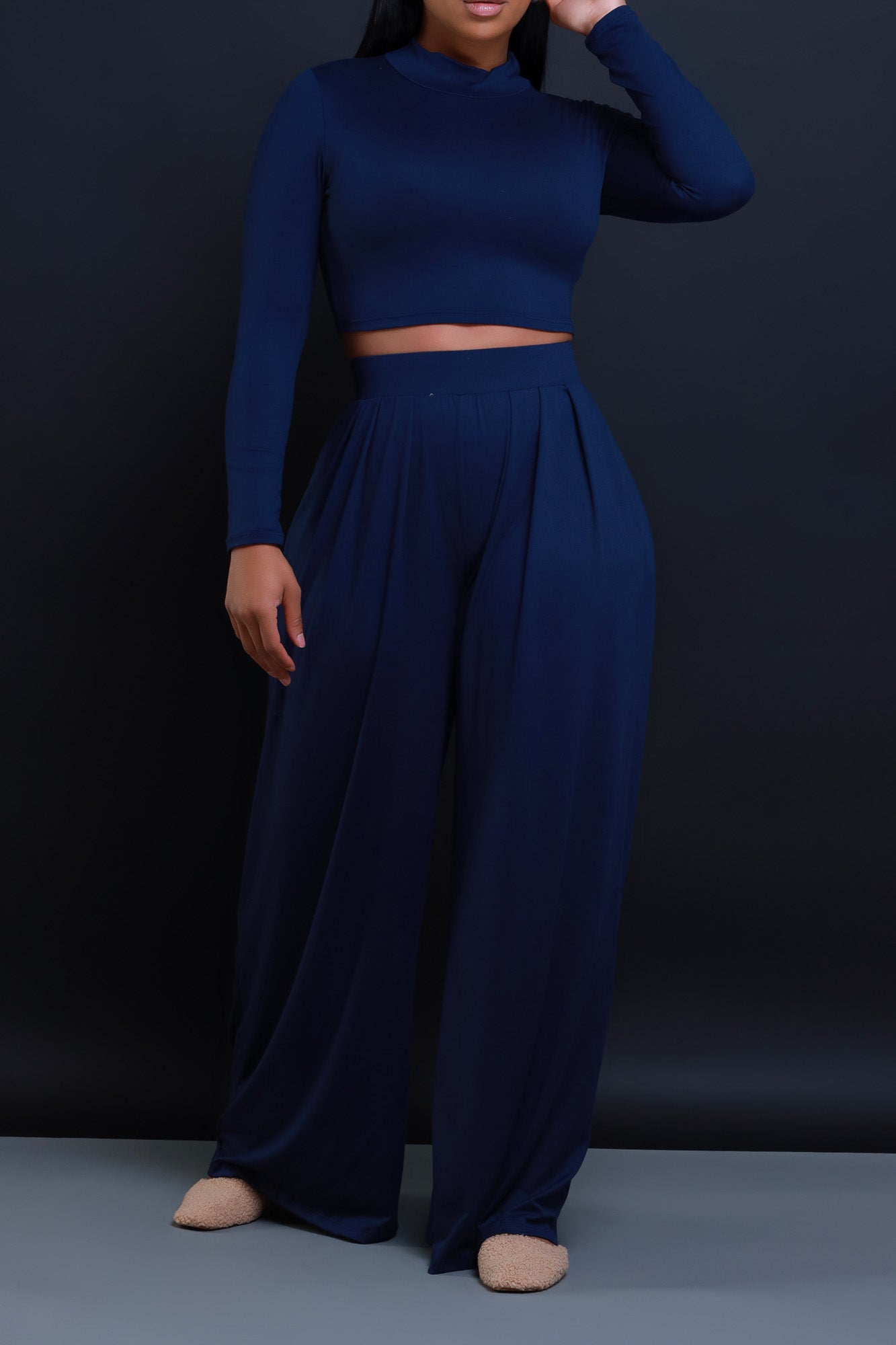 Be Serious Long Sleeve Cropped Palazzo Pants Set - Navy