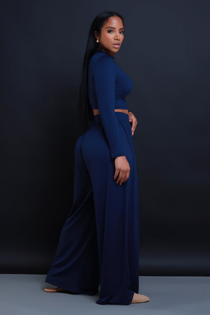 Be Serious Long Sleeve Cropped Palazzo Pants Set - Navy
