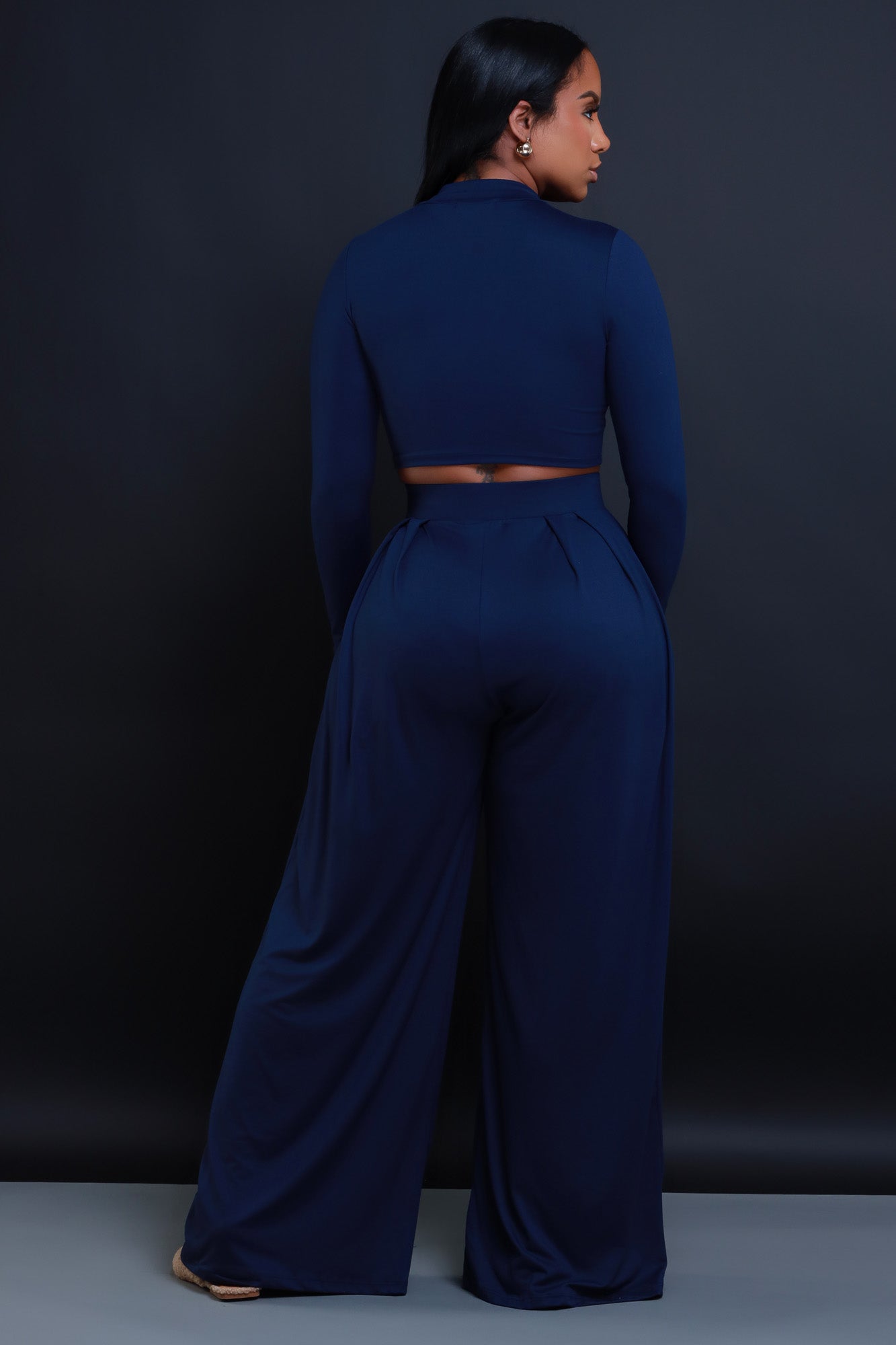 Be Serious Long Sleeve Cropped Palazzo Pants Set - Navy