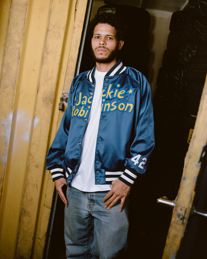 Jackie Robinson Comic Book Hero Cotton Lined Satin Varsity Jacket