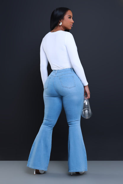 Bing High Waist Super Stretch Bell Bottom Jeans - Light Wash
