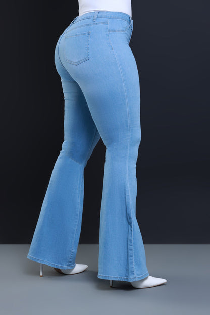 Bing High Waist Super Stretch Bell Bottom Jeans - Light Wash