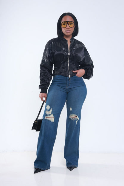 Just Kidding High Rise Distressed Wide Leg Jeans - Med Wash