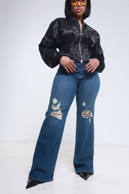 Just Kidding High Rise Distressed Wide Leg Jeans - Med Wash