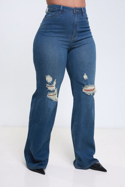 Just Kidding High Rise Distressed Wide Leg Jeans - Med Wash