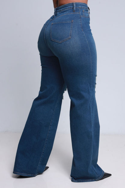 Just Kidding High Rise Distressed Wide Leg Jeans - Med Wash