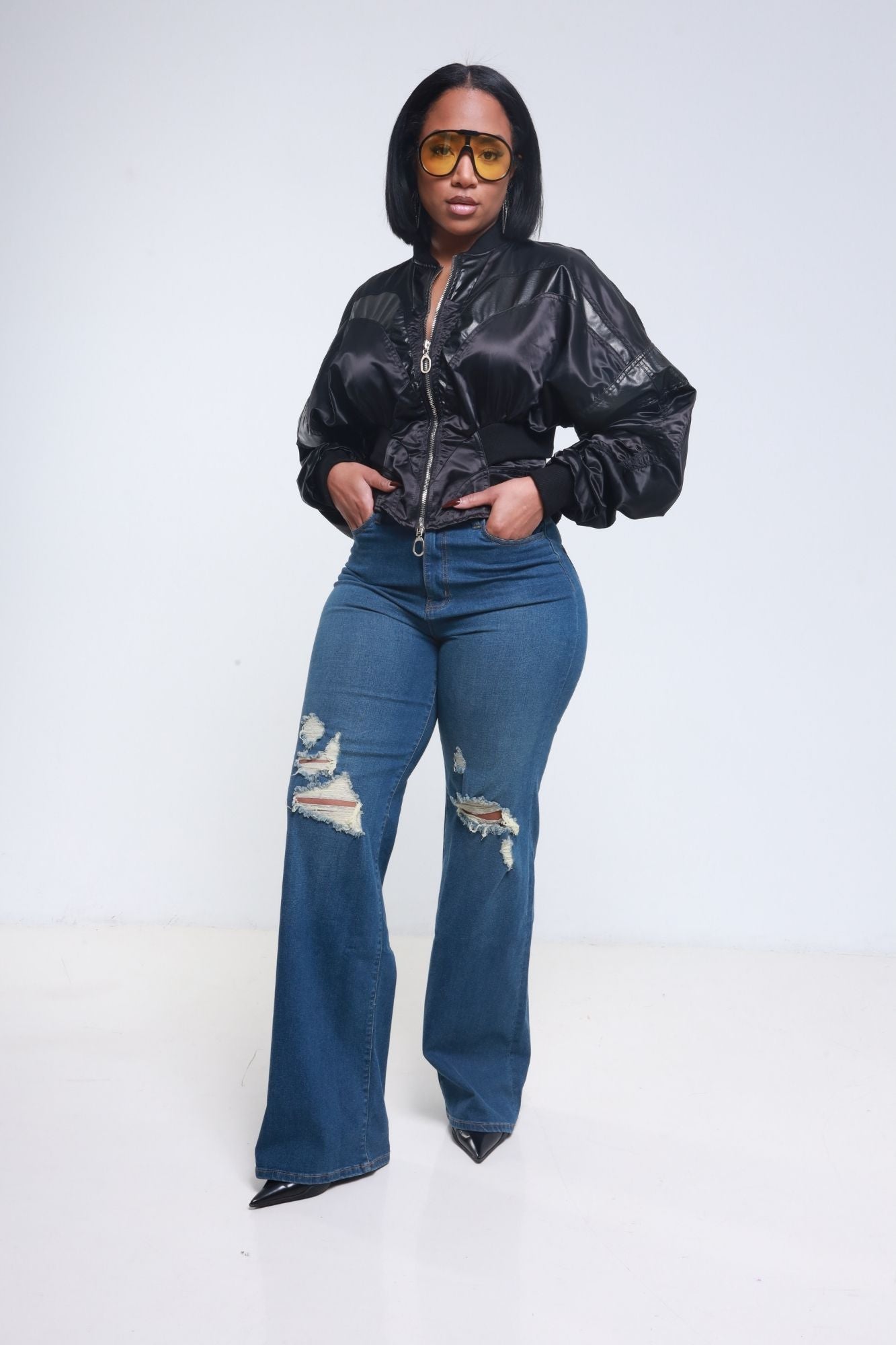 Just Kidding High Rise Distressed Wide Leg Jeans - Med Wash