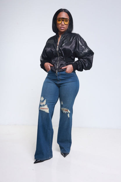 Just Kidding High Rise Distressed Wide Leg Jeans - Med Wash