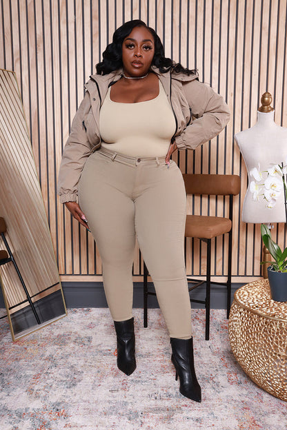 Super Swank High Rise Belt Loop Stretchy Skinny Jeans - Khaki