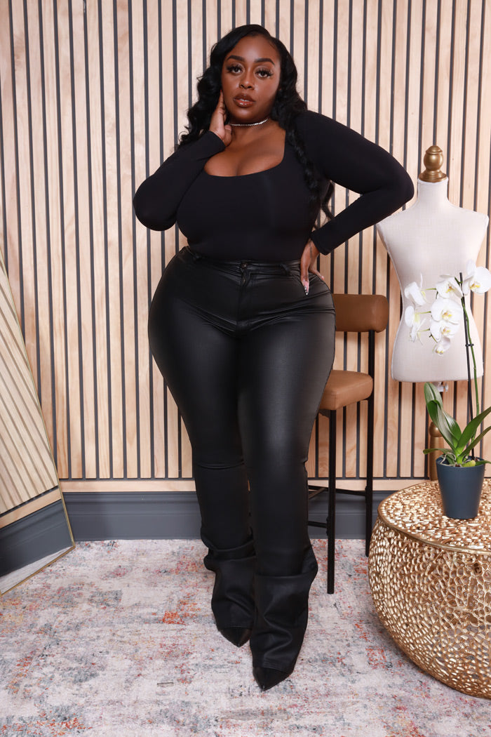 Get It Twisted Faux Leather Stacked Jeans - Black
