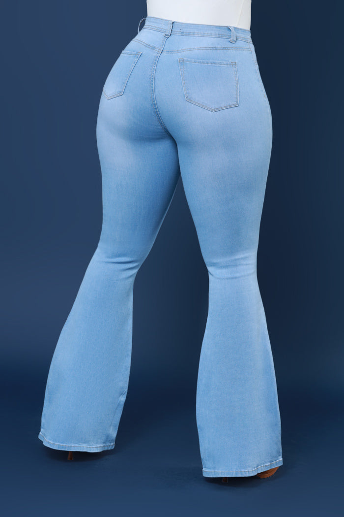 Dina High Waist Stretchy Hourglass Bell Bottom Jeans - Light Wash