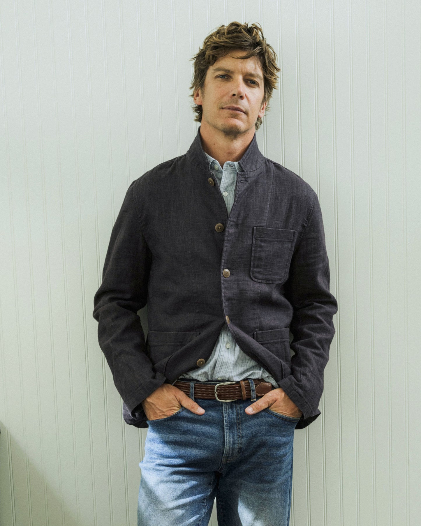 Nelson Ramie Stand Up Collar Jacket - Navy