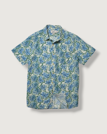 Bamboo Dobby Printed Short Sleeve Shirt - Blue Green Floral