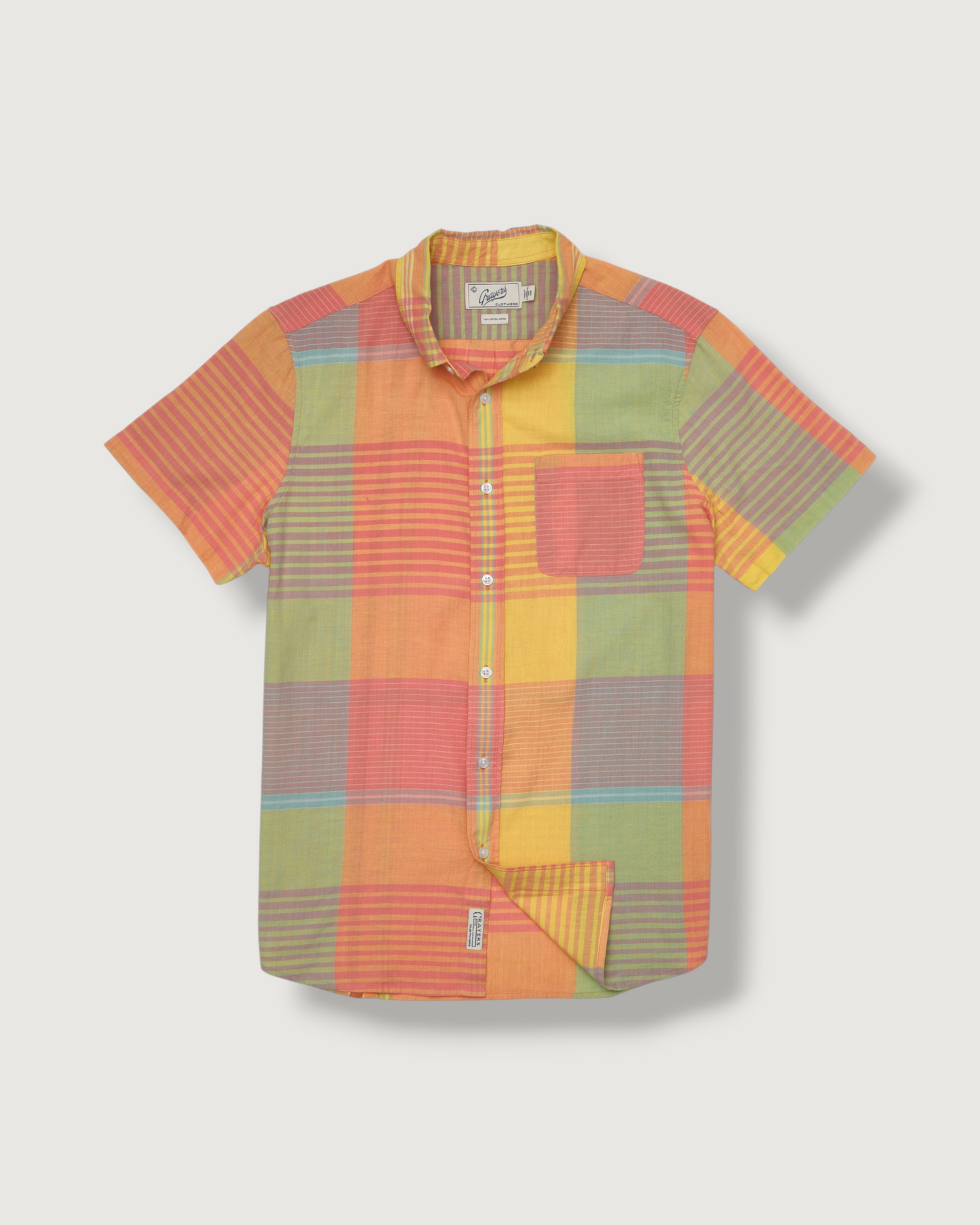 Classic Madras Plaid Short Sleeve Shirt - Orange Yellow Plaid