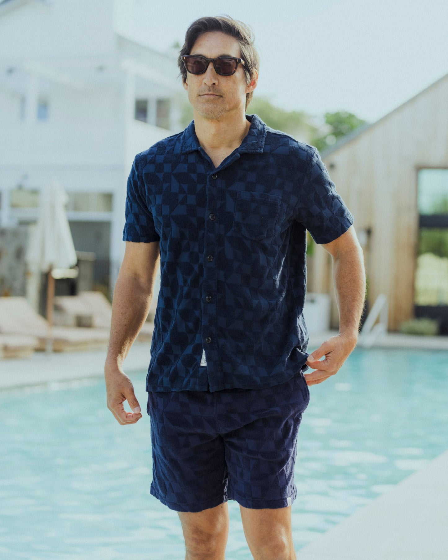 Lalo Terry Jacquard Camp Shirt - Navy
