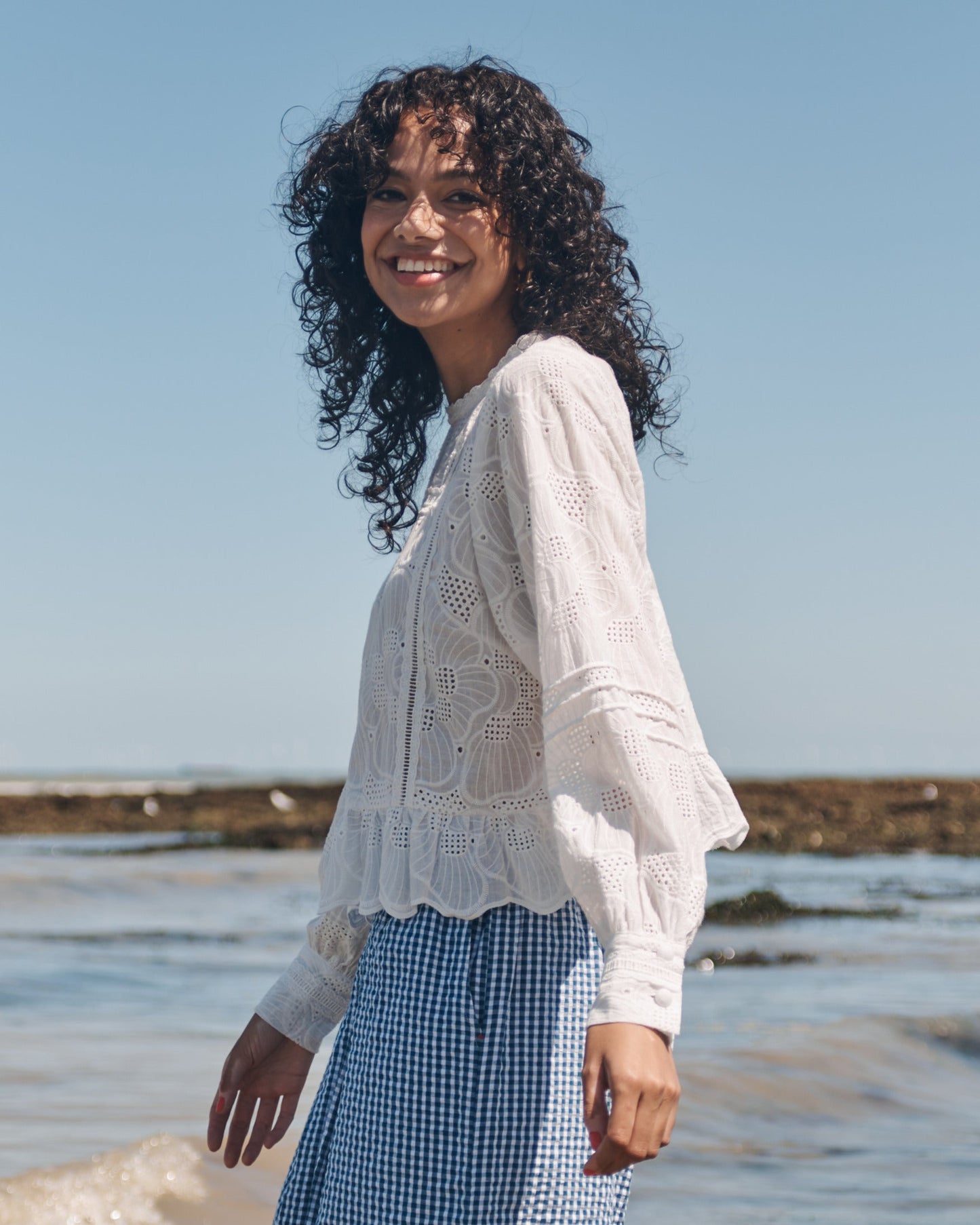 Lowie White Broderie Long Sleeve Blouse