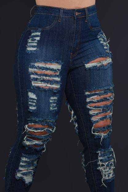 Foul Play Distressed High Rise Jeans - Dark Wash