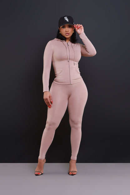 Just Vibing Seamless Zip Up Legging Set - Khaki