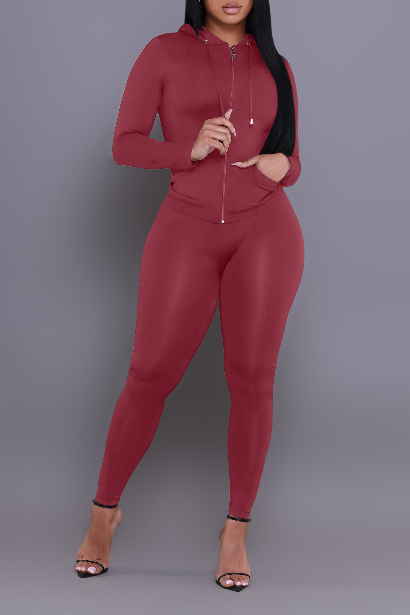 Just Vibing Seamless Zip Up Legging Set - Burgundy