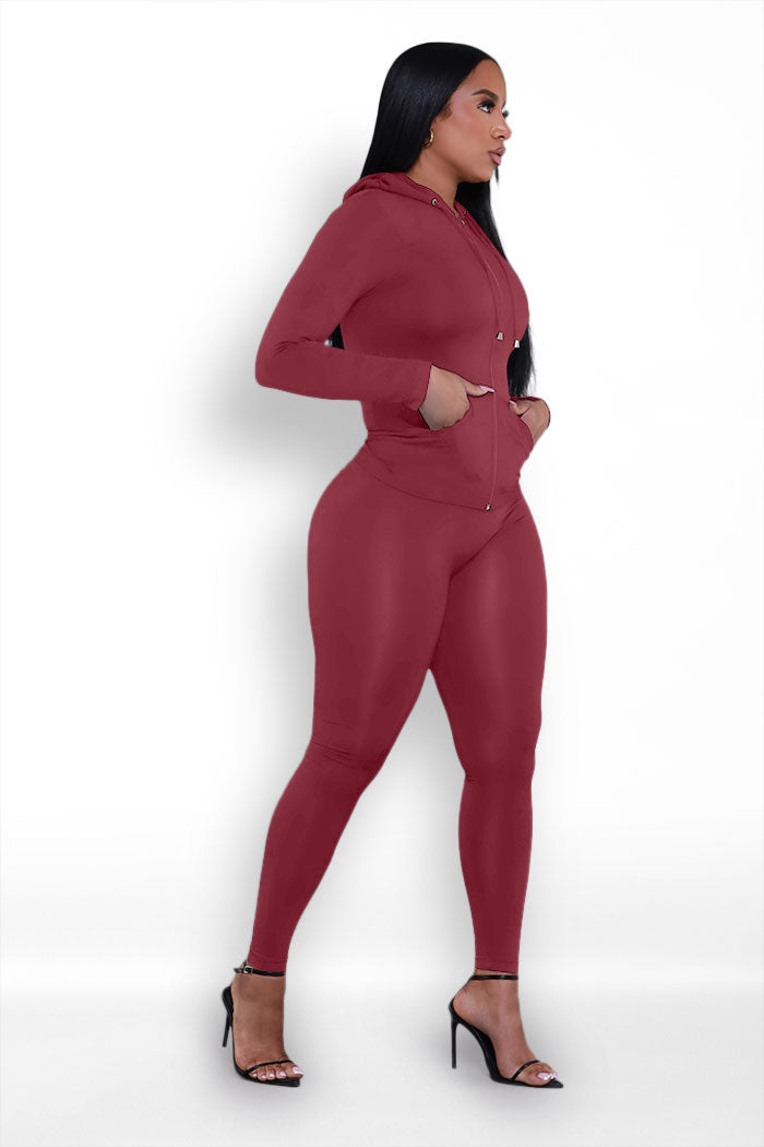 Just Vibing Seamless Zip Up Legging Set - Burgundy