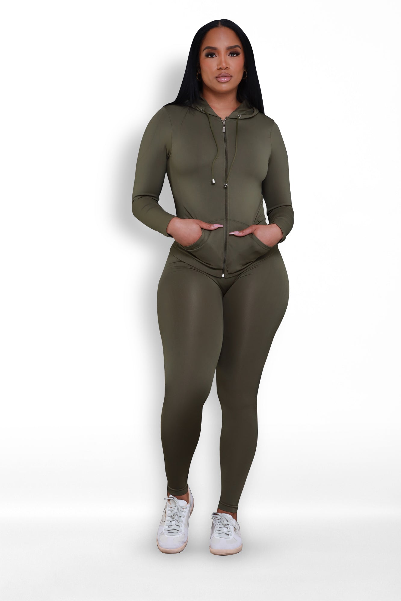 Just Vibing Seamless Zip Up Legging Set - Olive