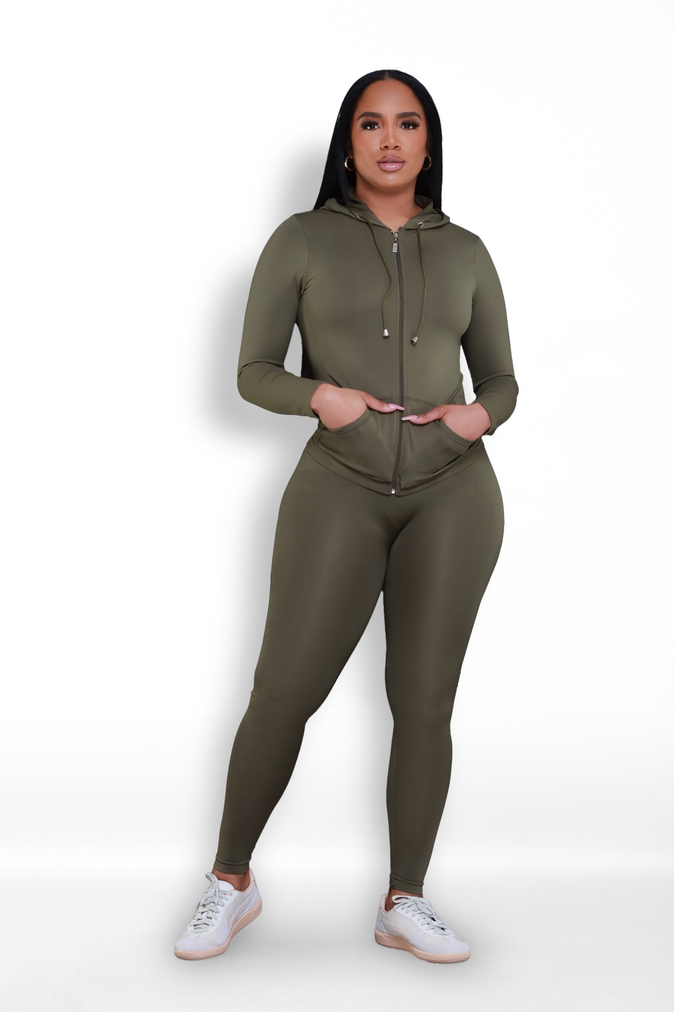 Just Vibing Seamless Zip Up Legging Set - Olive