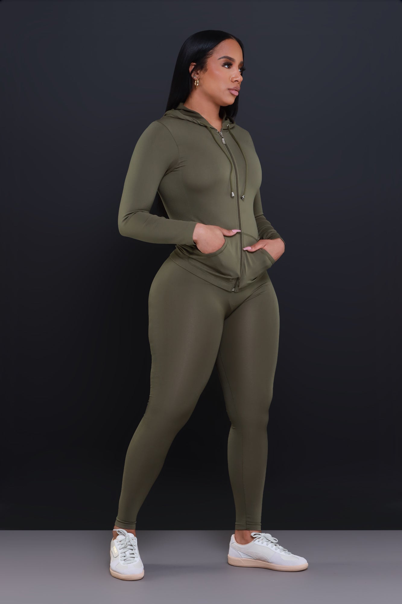 Just Vibing Seamless Zip Up Legging Set - Olive