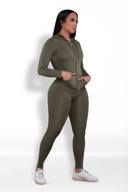 Just Vibing Seamless Zip Up Legging Set - Olive