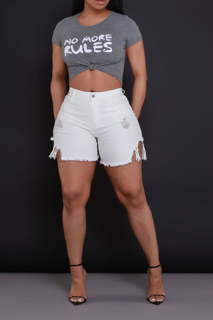 Clean Cut Distressed Denim Shorts - White