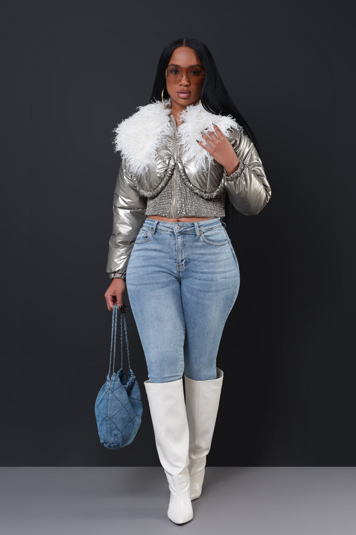 Final Touch Faux Fur Bomber Jacket - Silver