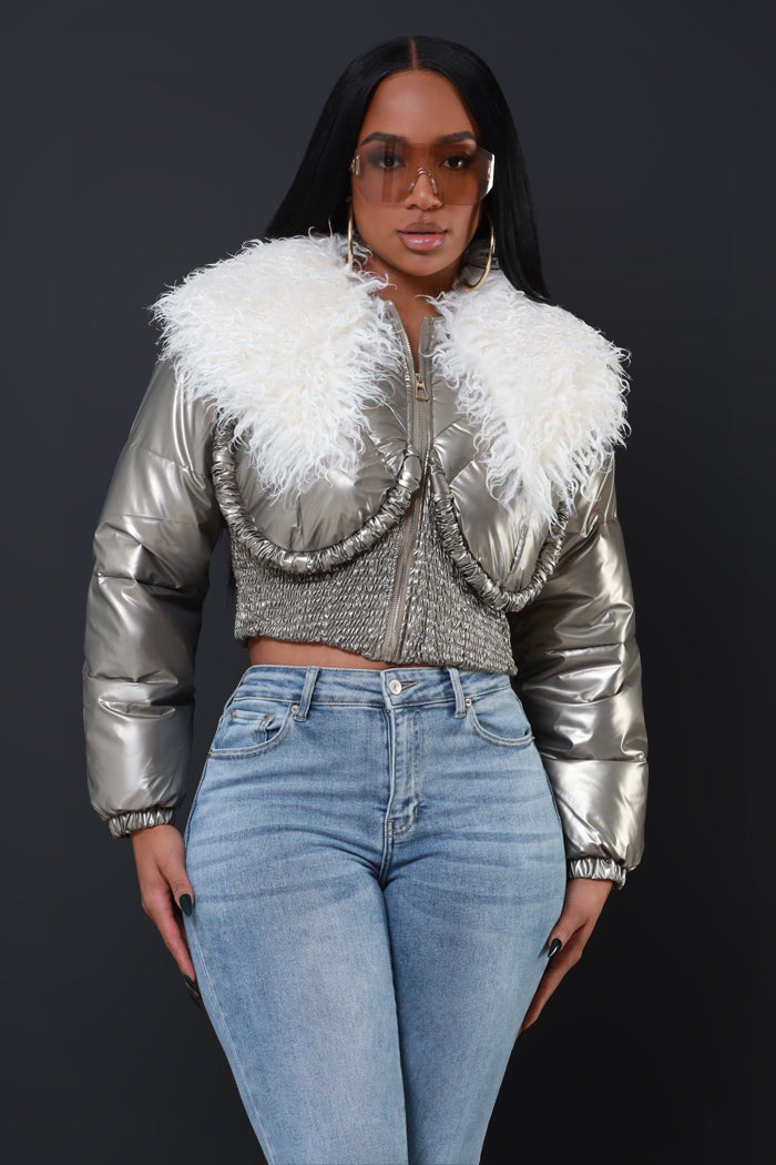 Final Touch Faux Fur Bomber Jacket - Silver