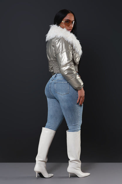 Final Touch Faux Fur Bomber Jacket - Silver