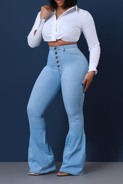 Dina High Waist Stretchy Hourglass Bell Bottom Jeans - Light Wash