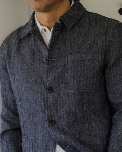 Gaudet Linen French Chore Jacket - Navy Herringbone