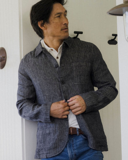 Gaudet Linen French Chore Jacket - Navy Herringbone