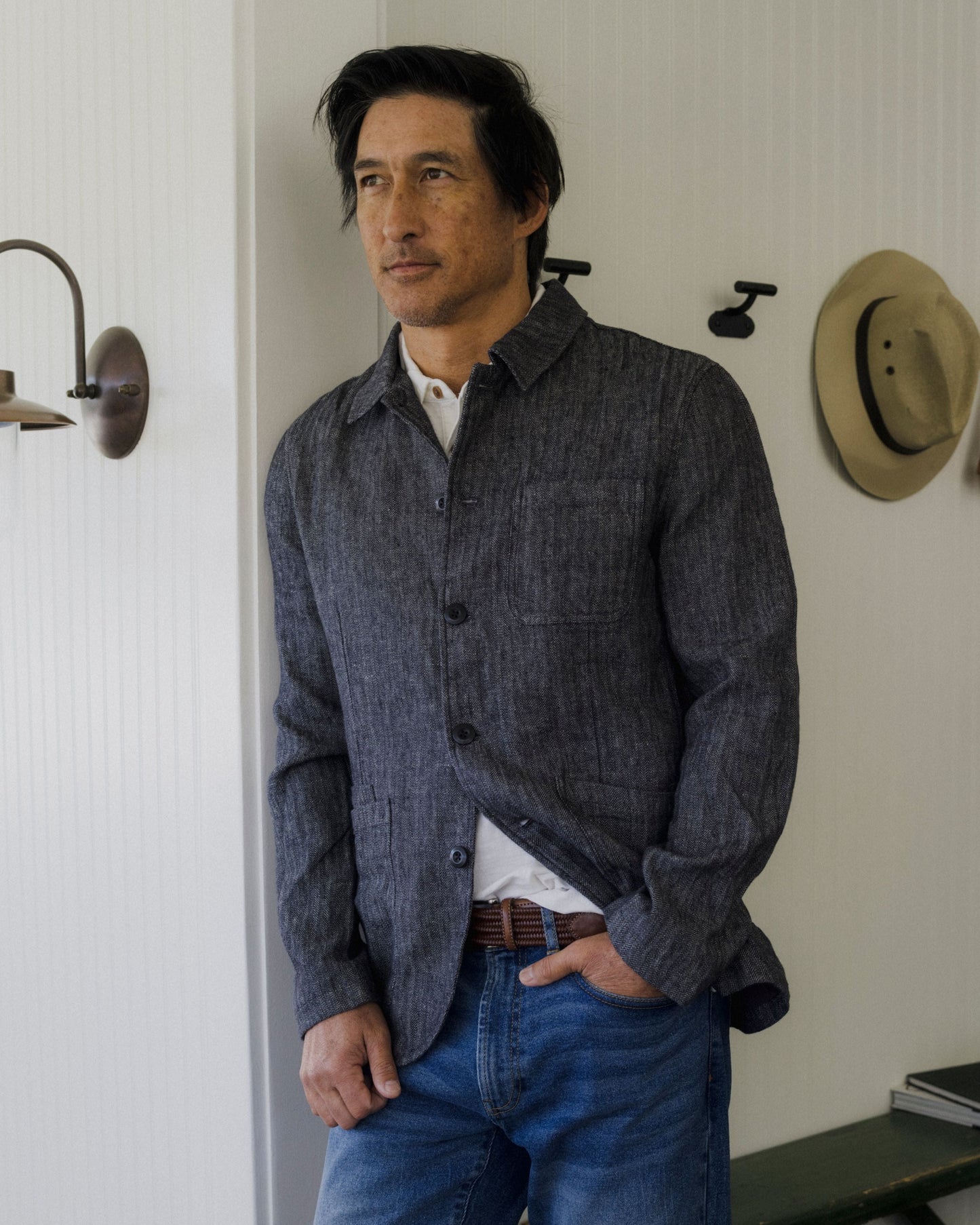 Gaudet Linen French Chore Jacket - Navy Herringbone