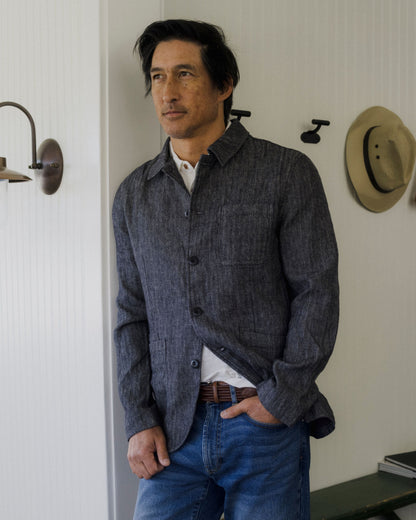 Gaudet Linen French Chore Jacket - Navy Herringbone
