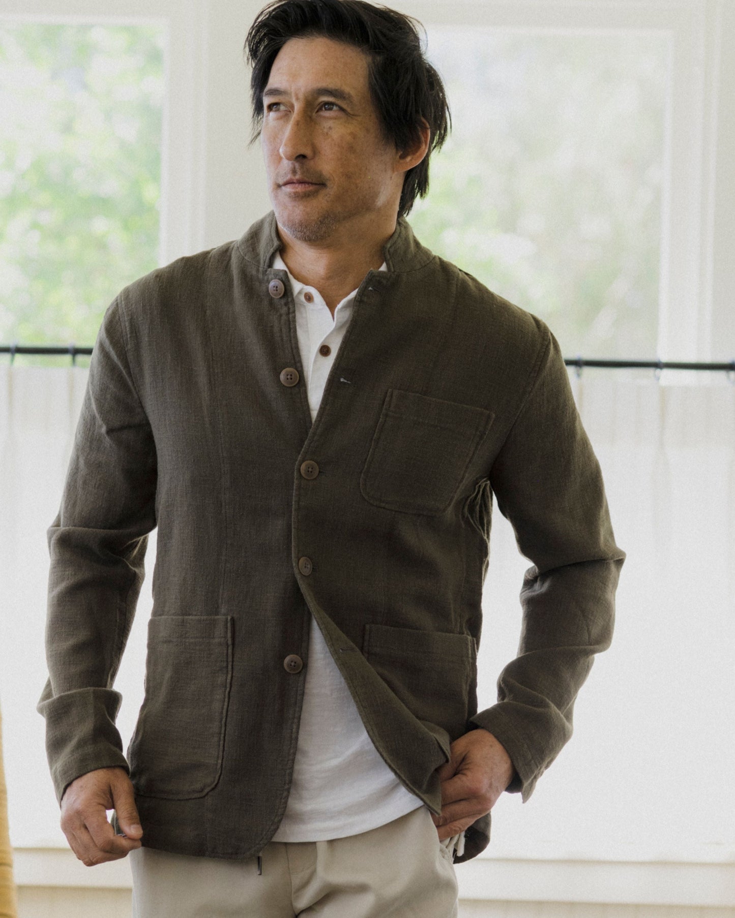 Nelson Ramie Stand Up Collar Blazer - Dark Olive
